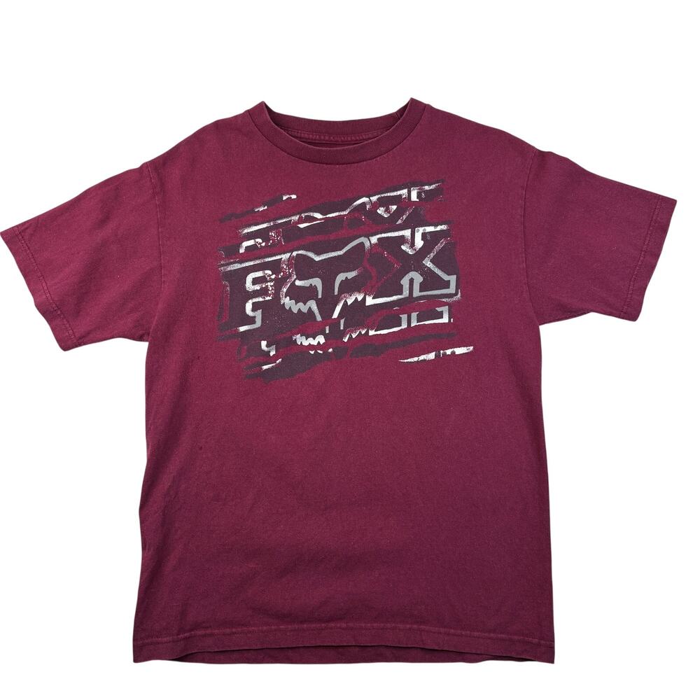 Fox Racing Men’s T-Shirt Size Medium Burgundy Distressed Logo Graphic Tee Y2k